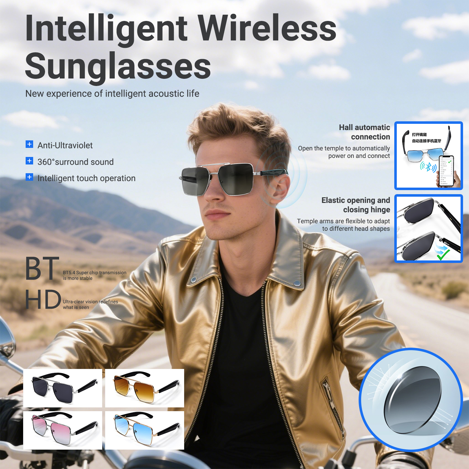 LIGE Women's anti-blue light glasses with a 7-day long standby time, UV protection, water resistance, wireless music and call support, and voice 