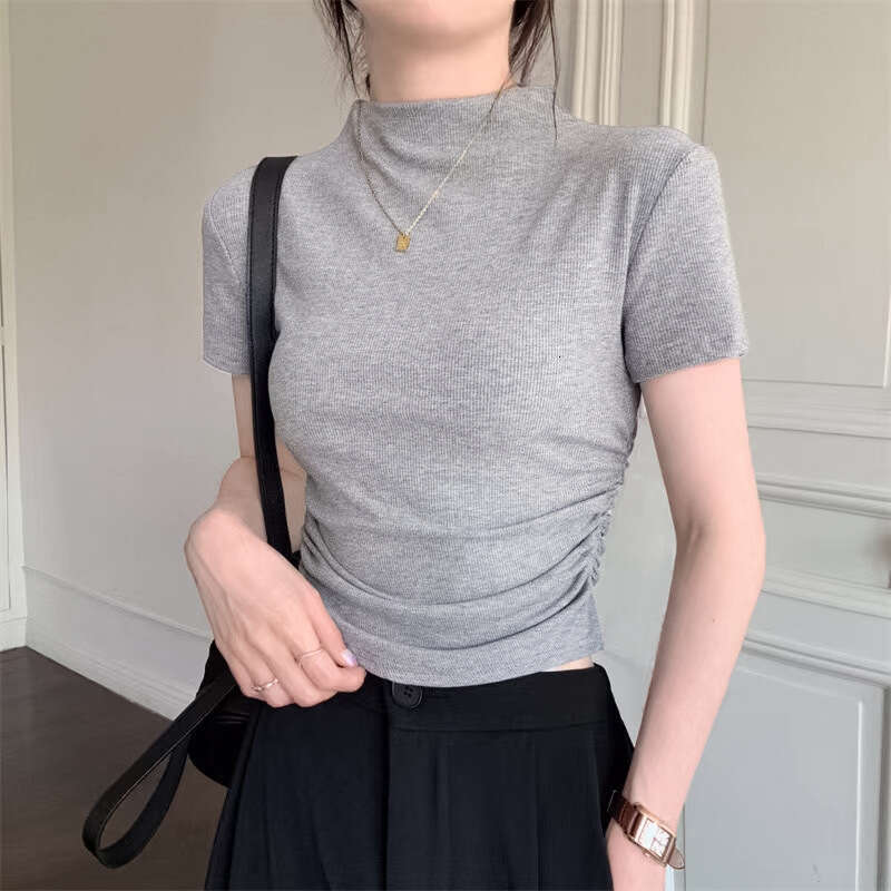 Half Turtleneck Sleeve T-Shirt For Women Summer New Base Shirt Slim Fit Short Student Pleated Top B5