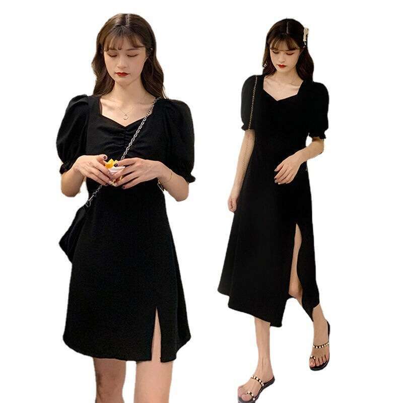 Plus Size Slimming For Chubby Girls, Elegant Square Neck, Waist-Cinching, Slit, French Style, Black Hepburn Style A-Line Dress B5