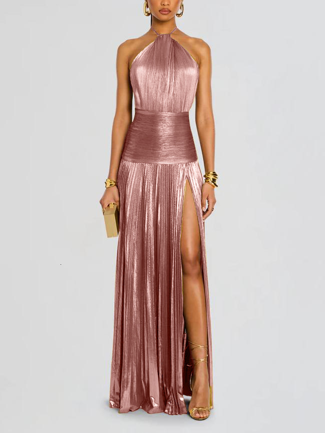 Women's Metallic Pleated Split Lace-Up Halter Dress Sleeveless Backless 8155 ddmysept