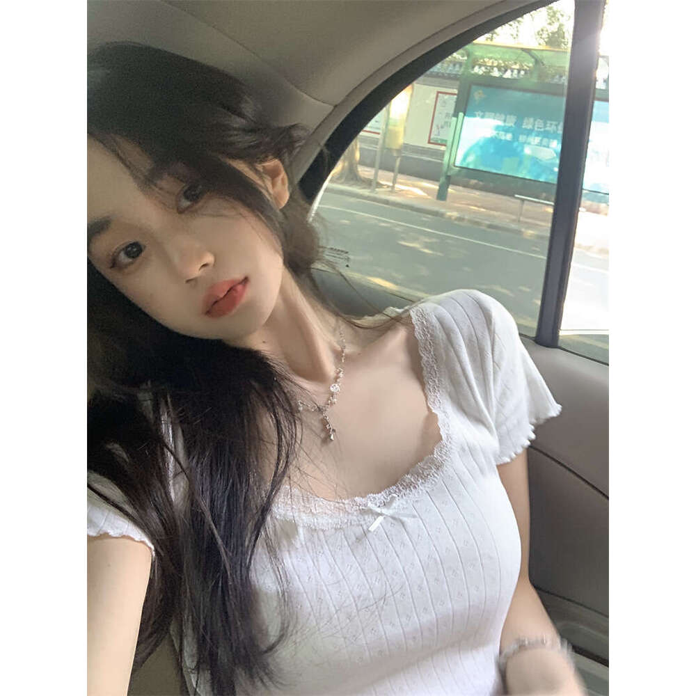 White Pure Desire Sweet Lace Slim Fit Slimming Base Layer Women's Summer Regular Shoulder Inner Wear Short Sleeve T-Shirt Top Ins B5