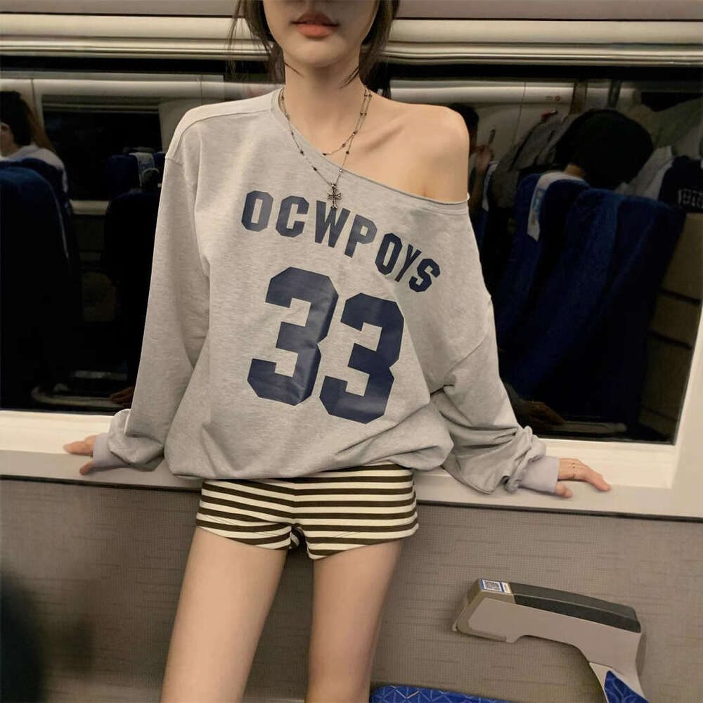 American Style Letter Print Sweatshirt For Women, Autumn Design, Casual Loose Long Sleeve Off-Shoulder Top B5