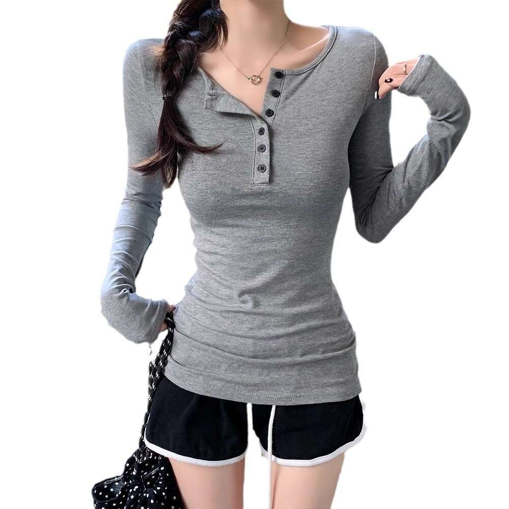 Spicy Girl Button Slim Fit Long Sleeve T-Shirt Base Shirt For Women Early Autumn Simple Inner Wear Regular Shoulder Student Top B5