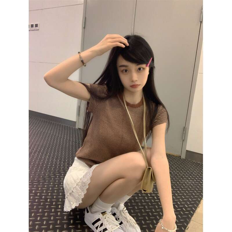 Sleeve Striped T-Shirt For Women Summer Hot Girl Slim Fit Base Shirt Versatile Student Short Top B5