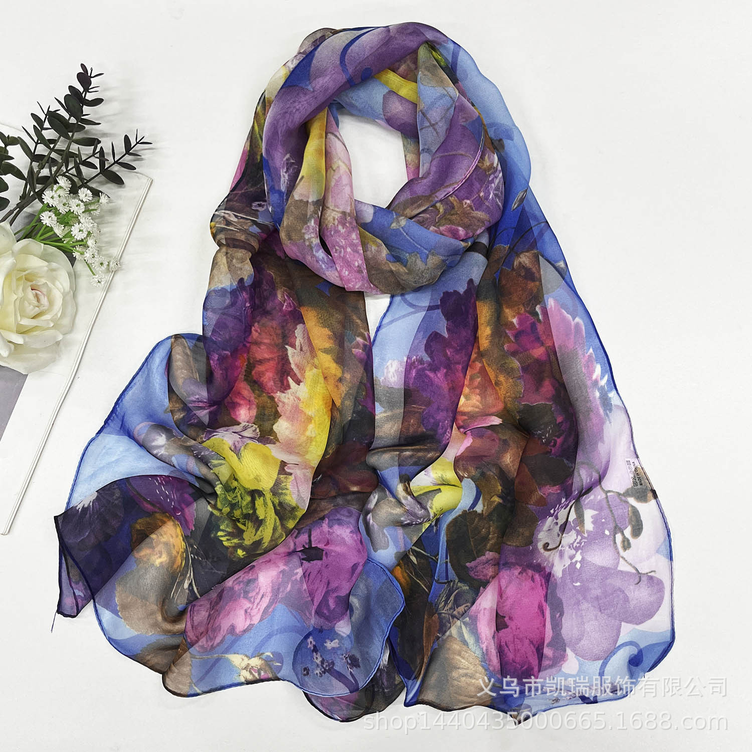 K1303 Fashionable and versatile Georgette silk scarf for women, summer sun protection scarf, moonlight forest thin long strip printed cross-border sha
