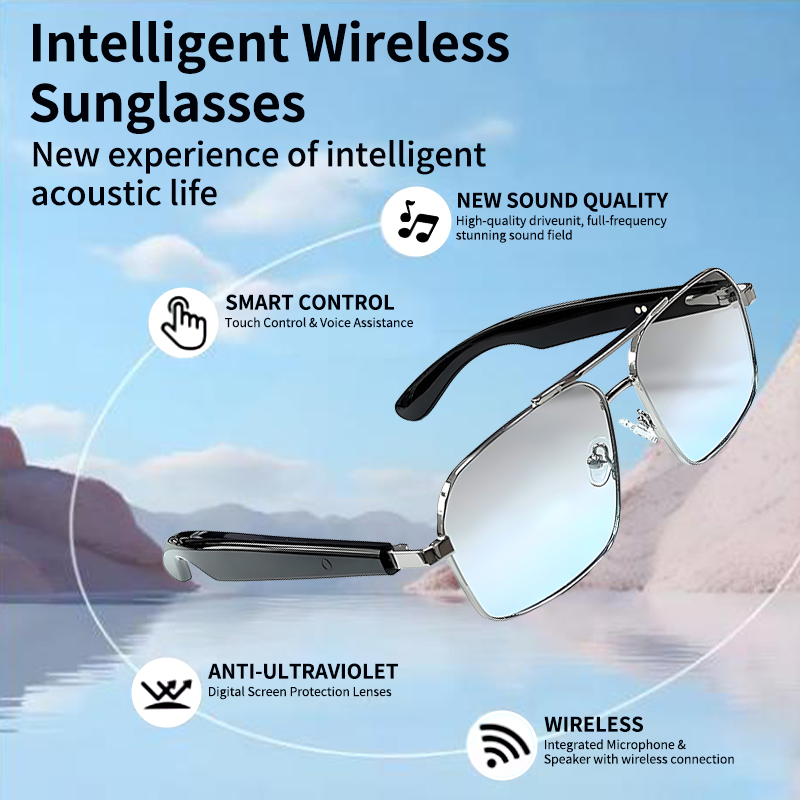 LIGE Smart glasses, adaptive photochromic lenses with light, open ear speakers and microphones Automatic on/off Outdoor sports glasses Music control