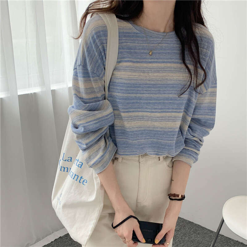 Striped Round Neck Long Sleeve T-Shirt Autumn New Design Loose Student Top Women's Ins Trend B5