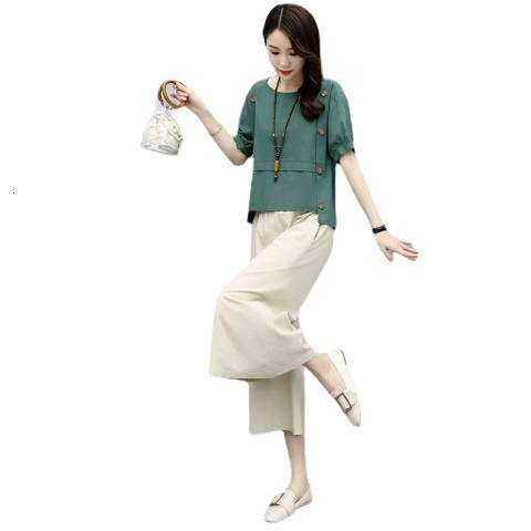 Two-Piece Short Sleeve Summer Outfit New Women's Fashionable Youthful Wide-Leg Pants Set Loose Slimming B5