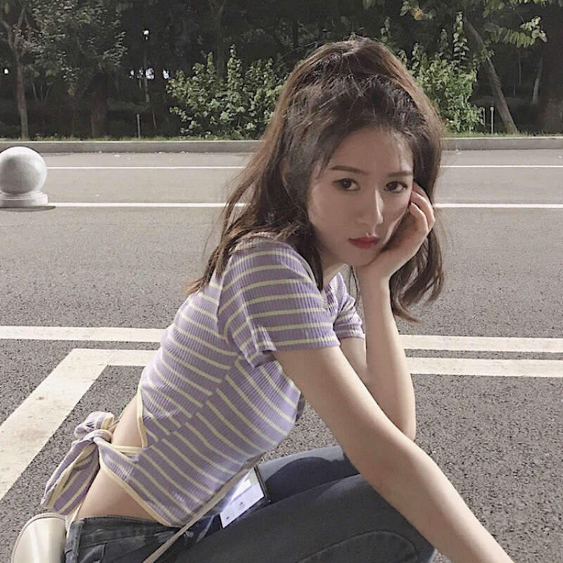 Spicy Girl Backless Striped Sleeve T-Shirt Women's Summer New Design Short Student Tie Top Trendy B5