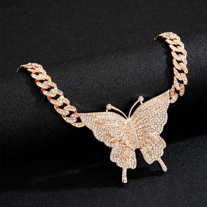 Hip Hop Necklace Ins Style Personality Trend Alloy Full Dia Big Butterfly Cuban Chain Jewelry