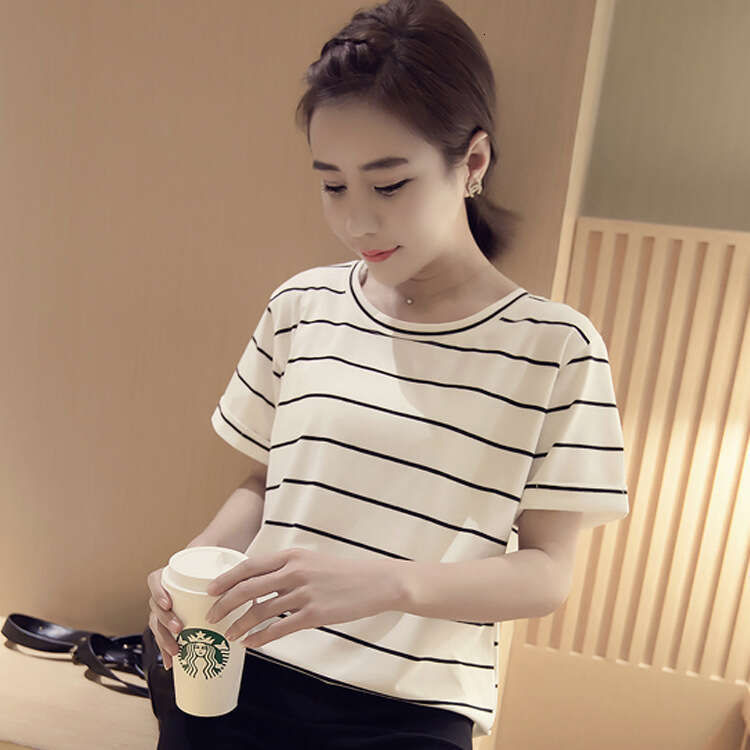 Summer New Korean Style Loose Plus Size Striped Short Sleeve T-Shirt Women's Top Base Shirt Ladies' Clothing B5