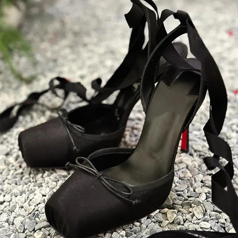 Sandals Summer Women's Satin Strap Square Toe High Heel Party Dress Fashion Strappy Ballet Heels High-end Shoes