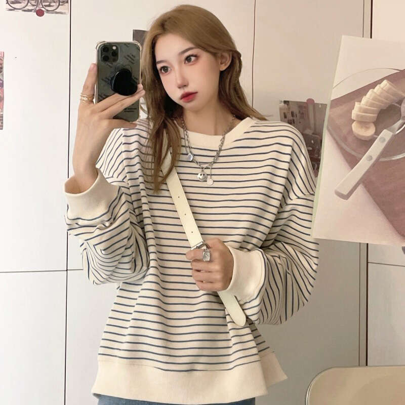 Women's Sweatshirt Early Autumn New Korean Style Loose Design Striped Top Round Neck Pullover Long Sleeve T-Shirt Trendy B5