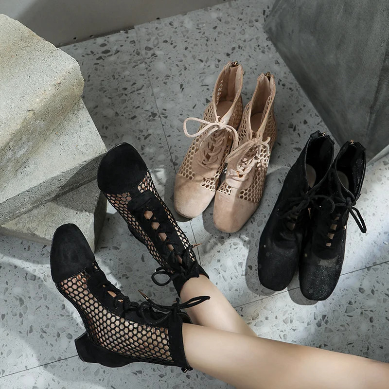 Fashion Sexy Lace-up Mesh Hollow Ankle Boots Zapatos Mujer Elegantes Con Tacones Bajos Charms Zapatos De Mujer Envo Gratis 250708