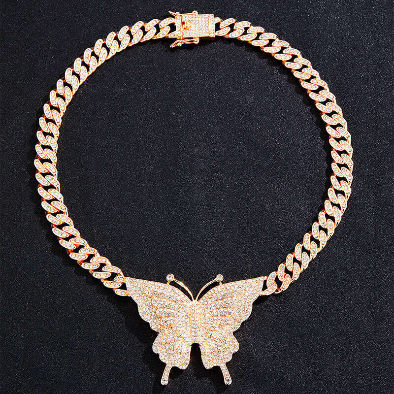 Hip Hop Necklace Ins Style Personality Trend Alloy Full Dia Big Butterfly Cuban Chain Jewelry