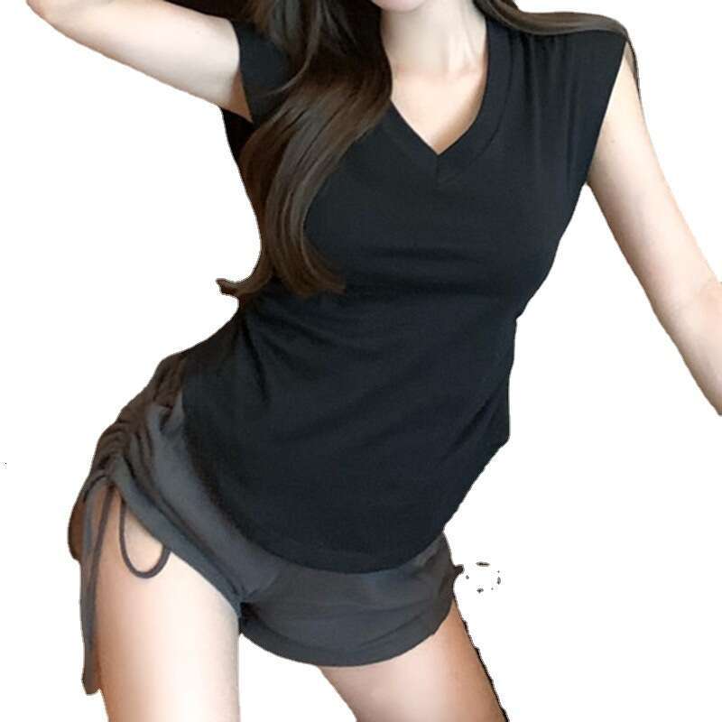 Unique Curved Hem Solid Color Top Summer New Casual V-Neck Waist Slimming Flutter Sleeve T-Shirt For Women B5