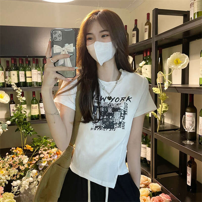 Spicy Girl Style Design T-Shirt Summer New Irregular Unique Niche Ins Short Sleeve Top For Women Trendy B5