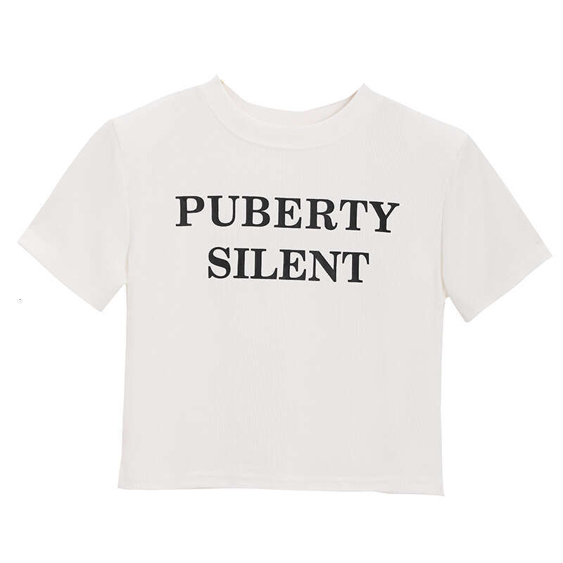 Sleeve T-Shirt For Women, Inner Wear, Short Base Shirt, Spring Summer, Slim Fit, Letter Print, White Student Top B5