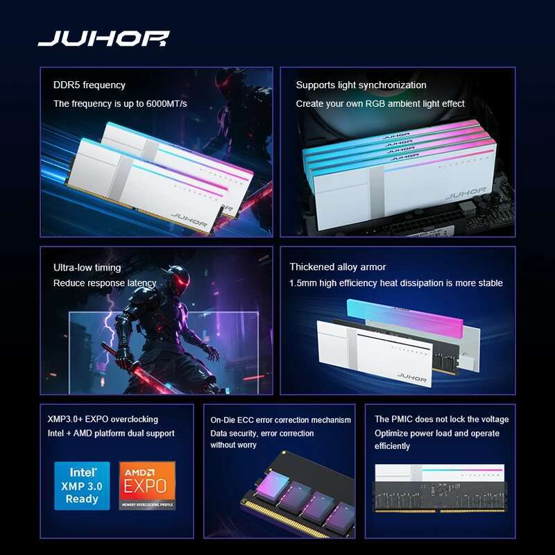 JUHOR RGB DDR5 32GB(16GBX2) 6000MHz 6800MHz DDR5 Desktop Memoria Ram
