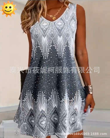 New Fashion Casual Versatile Ethnic Round Neck Tank Dress B5