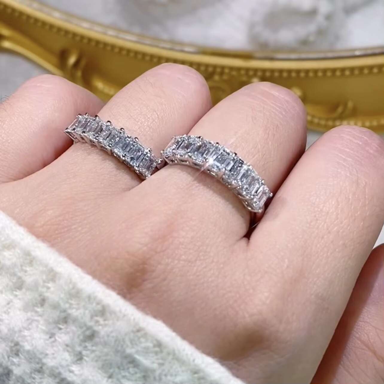 14K White Gold 0.1CT 0.2CT Emerald Cut VVS Lab Grown Diamond Ring Band Eternity Ring