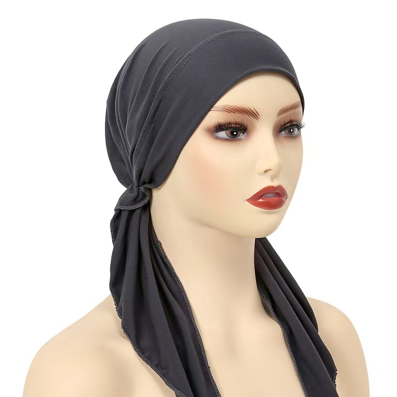T1179 new cotton elastic double tail bottoming hat solid color ladies headscarf
