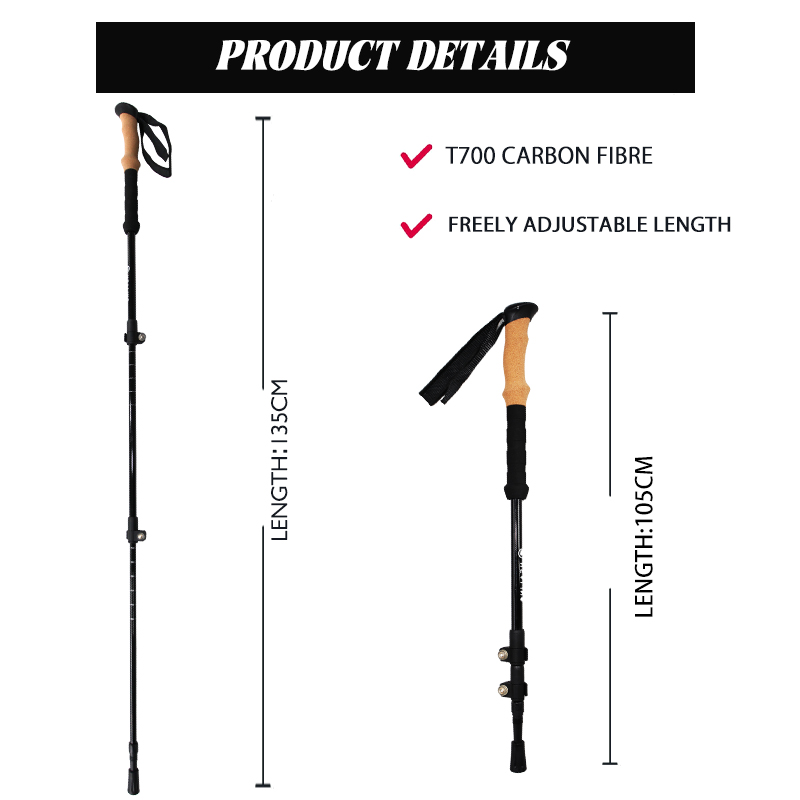 OKHEALING Carbon Fiber UD Surface Trekking Poles Ultra-light Folding Cane Portable Walking Stick with EVA Handle for Off-road Camping Mountaining Back