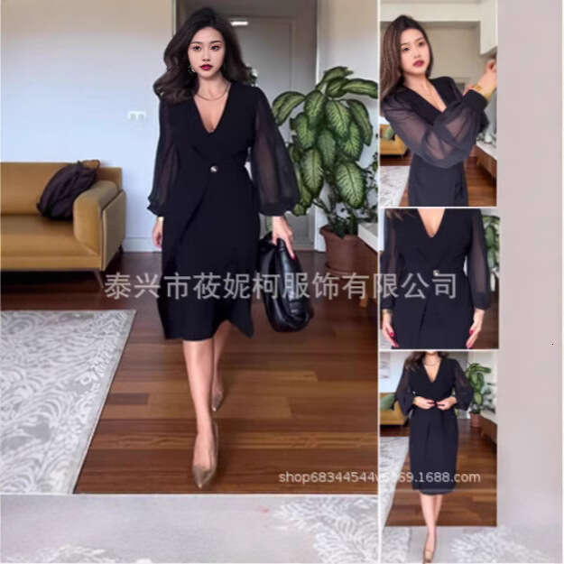 Autumn And Winter Style New Dress Advanced V-Neck Long Sleeve Lace B5