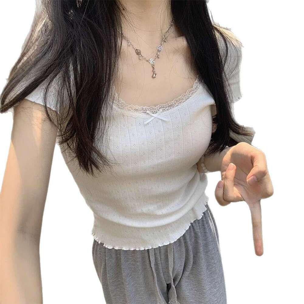 White Pure Desire Sweet Lace Slim Fit Slimming Base Layer Women's Summer Regular Shoulder Inner Wear Short Sleeve T-Shirt Top Ins B5