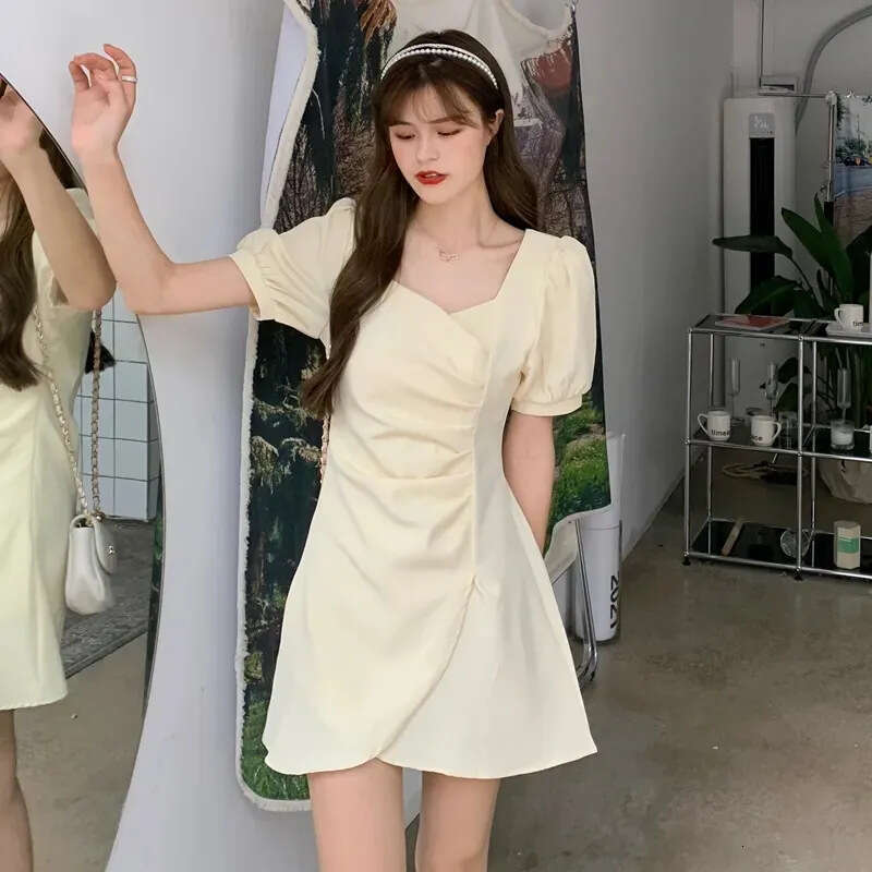 French Style Square Neck Ruched Puff Sleeve Irregular For Women Summer New Small Size Waist Slimming Dress B5