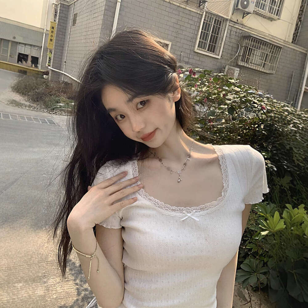 White Pure Desire Sweet Lace Slim Fit Slimming Base Layer Women's Summer Regular Shoulder Inner Wear Short Sleeve T-Shirt Top Ins B5