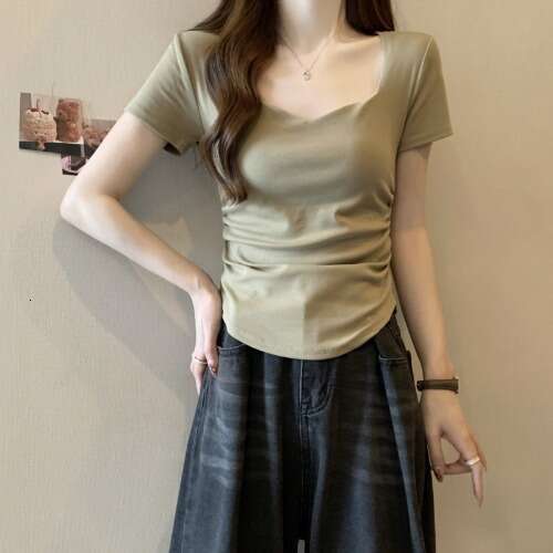 Square Neck Regular Shoulder Sleeve T-Shirt For Women Summer New Waist Slim Fit Short Student Ruched Top Trendy B5