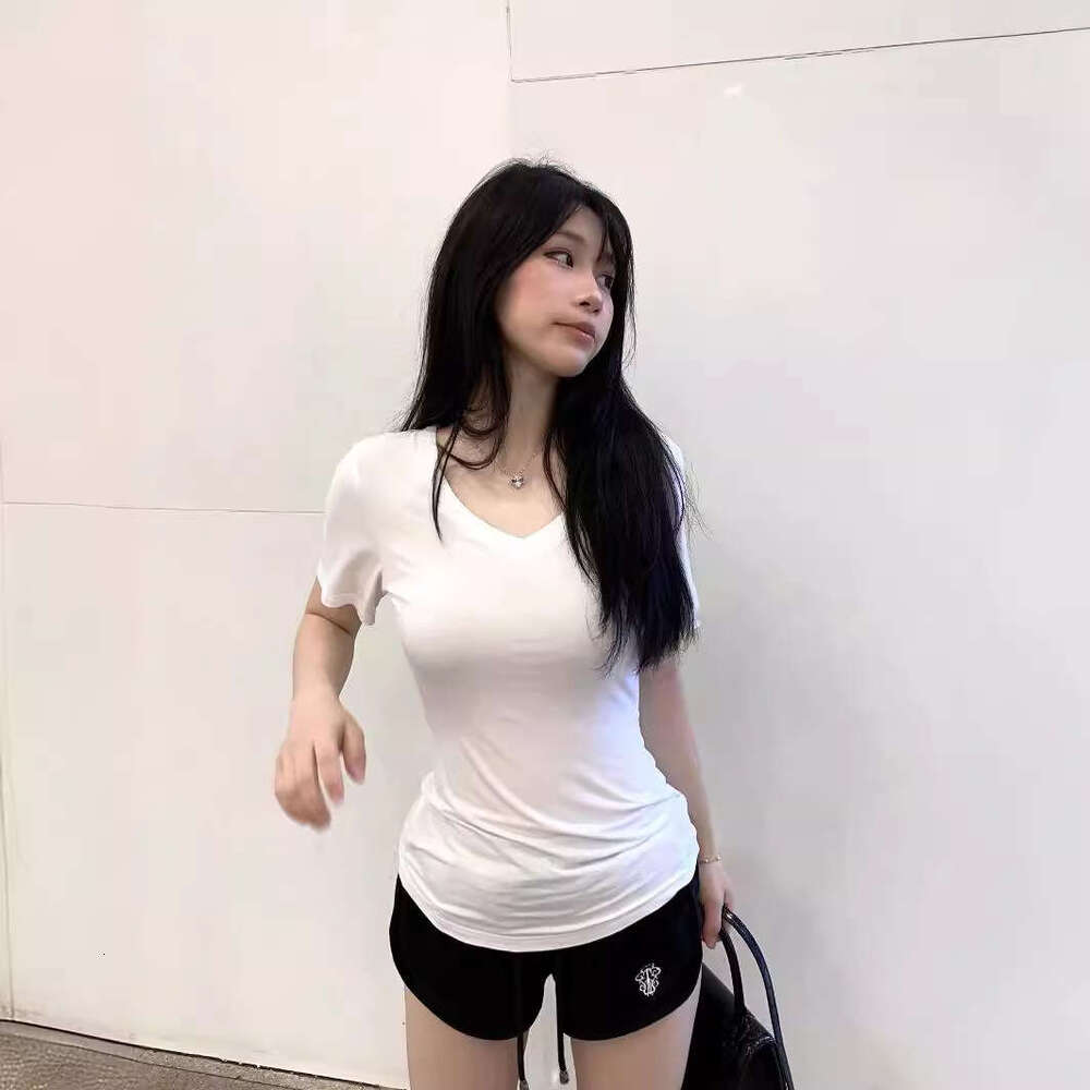 Rayon V-Neck Sleeve T-Shirt For Women Summer New Slim Fit High Waist Short Top Trendy B5