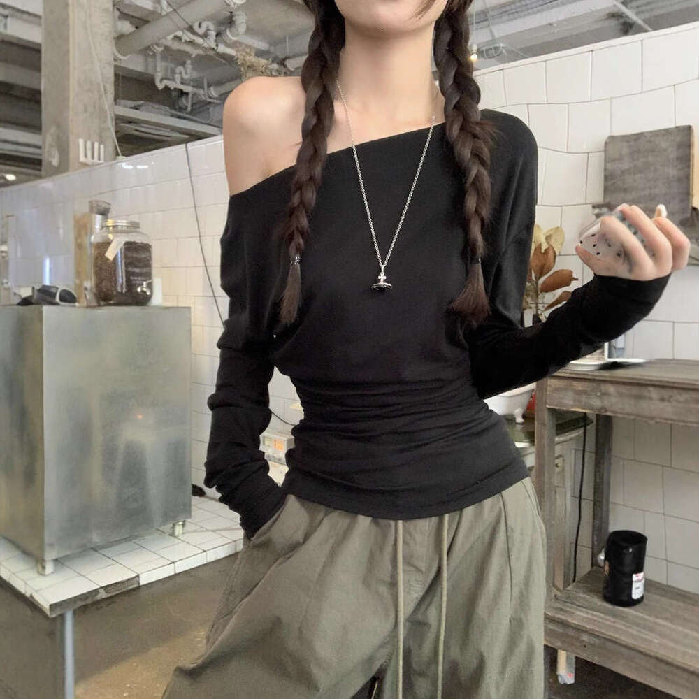 Design Sense Sweet Spicy Girl Off-Shoulder Long Sleeve T-Shirt Women's Fashion Early Autumn Slim Fit Slimming Base Layer Inner Wear Student Top B