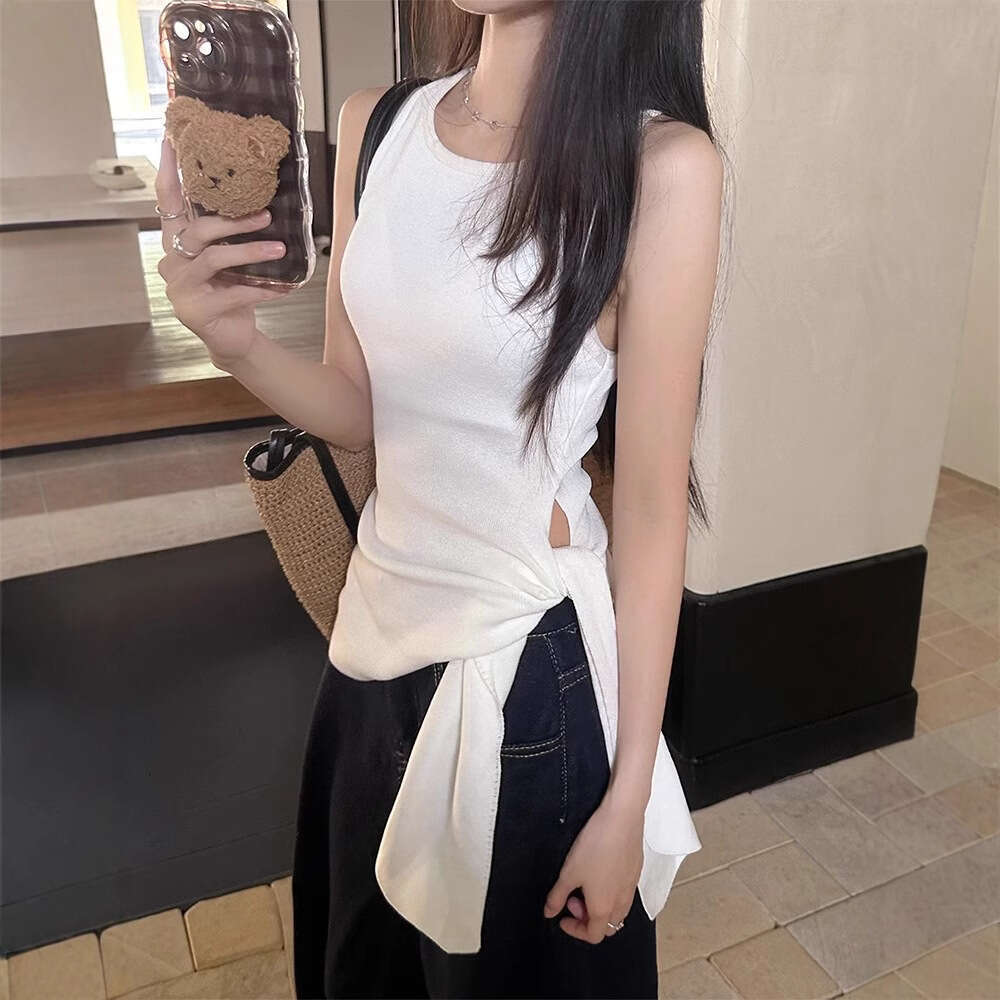 Summer Design Sense Lace-Up Knitted Camisole For Women, Slim Fit Versatile White Tight Student Top B5