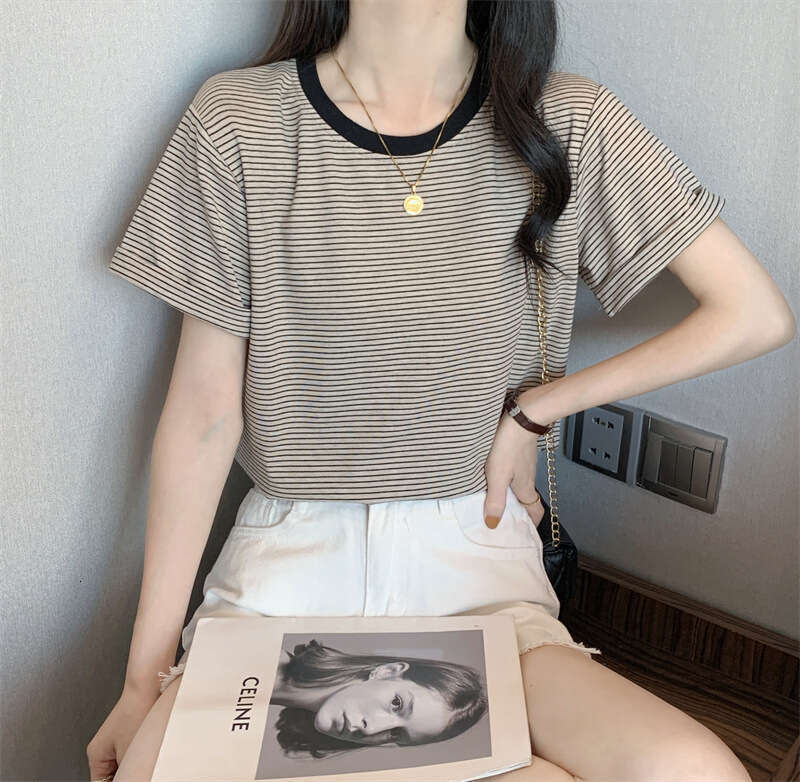 Striped T-Shirt Short Sleeve Women Summer New Round Neck Loose Ins Style Casual Student Top B5