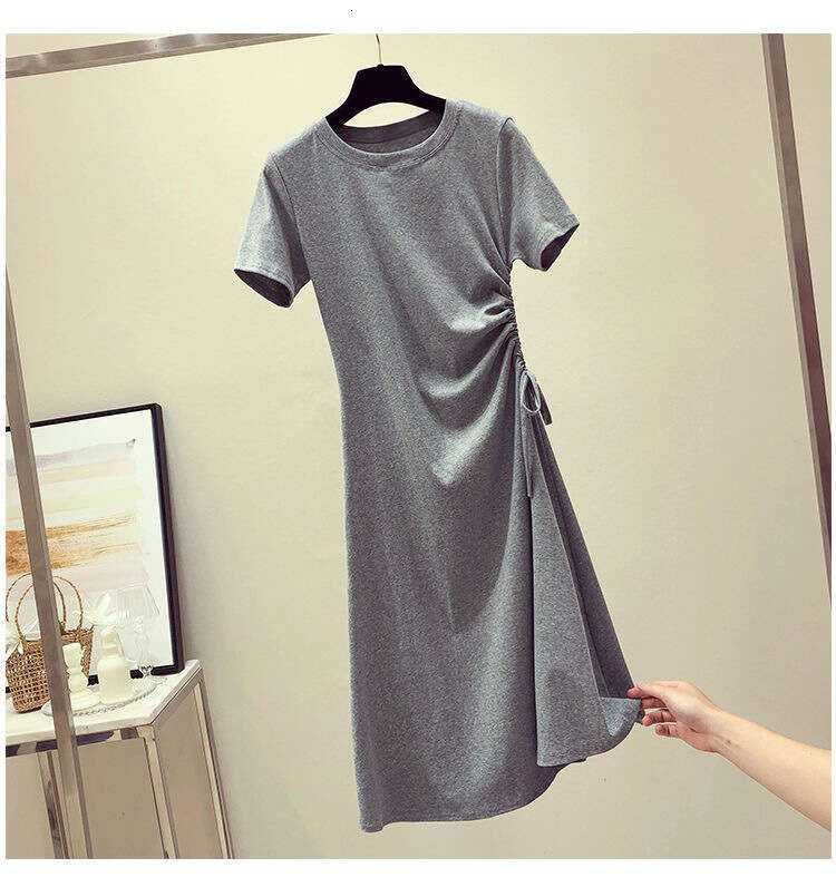 Avocado Green Summer New Ins Waist Slimming Drawstring Stylish Korean Version Student T-Shirt Dress For Women B5
