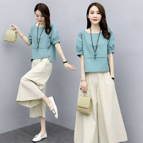 Two-Piece Short Sleeve Summer Outfit New Women's Fashionable Youthful Wide-Leg Pants Set Loose Slimming B5