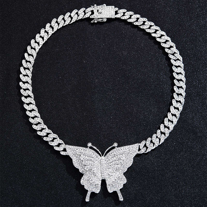Hip Hop Necklace Ins Style Personality Trend Alloy Full Dia Big Butterfly Cuban Chain Jewelry