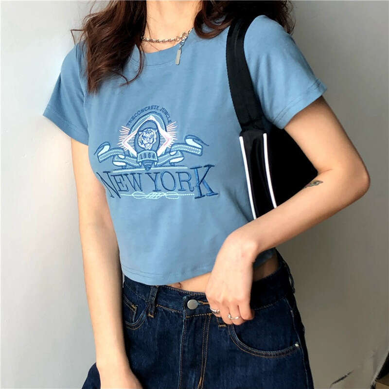 Sleeve T-Shirt For Women Summer New Korean Internet Celebrity Super Popular Hyuna Style Short Embroidered Slim Fit Student Top B5