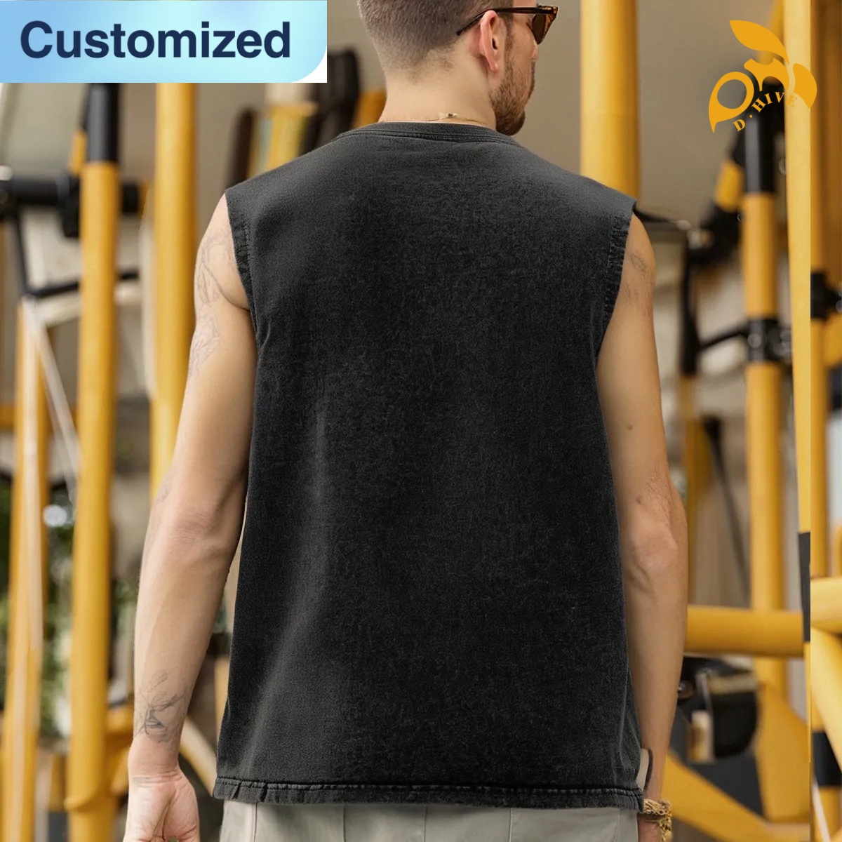 free shipping of customized trendy Washed cotton sleeveless T-shirt with exquisite patterns from US