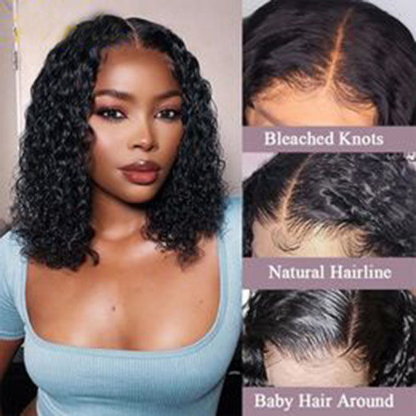 13X4 HD Deep Wave Bob Pre-Drawn Baby Human Hair Wig Water Curly Short 4X4 150% synthetic hair Black Female Lace