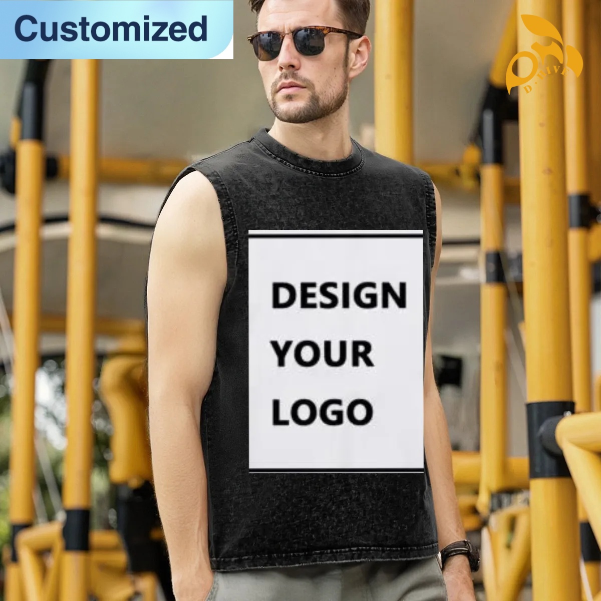 free shipping of customized trendy Washed cotton sleeveless T-shirt with exquisite patterns from US