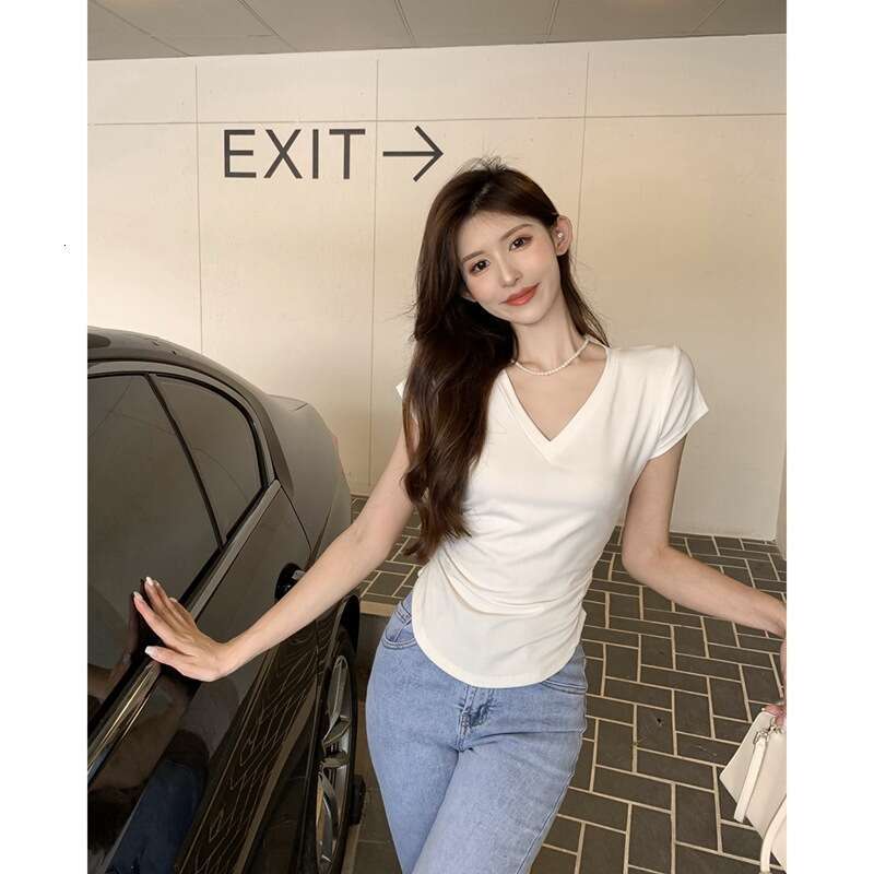 Pure Desire Style V-Neck Short Sleeve T-Shirt Women's Fashion Summer New Slim Fit Slimming Design Student Solid Color Top Trendy B5