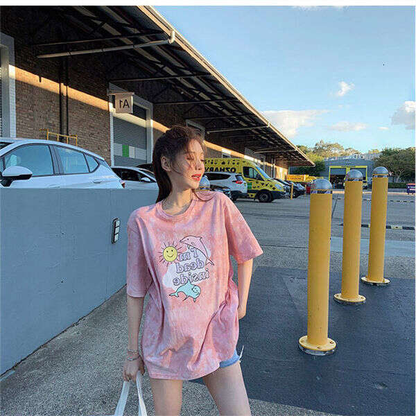 Summer New Cartoon Short Sleeve T-Shirt For Women Loose Korean Style Student Tie-Dye Top Women's Fashion Ins Trend B5