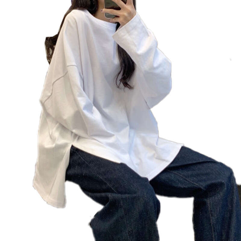 Autumn Outfit Split Solid Color Long Sleeve T-Shirt For Women Fashionable Base Shirt Korean Style Trendy Student Outerwear Loose Top B5
