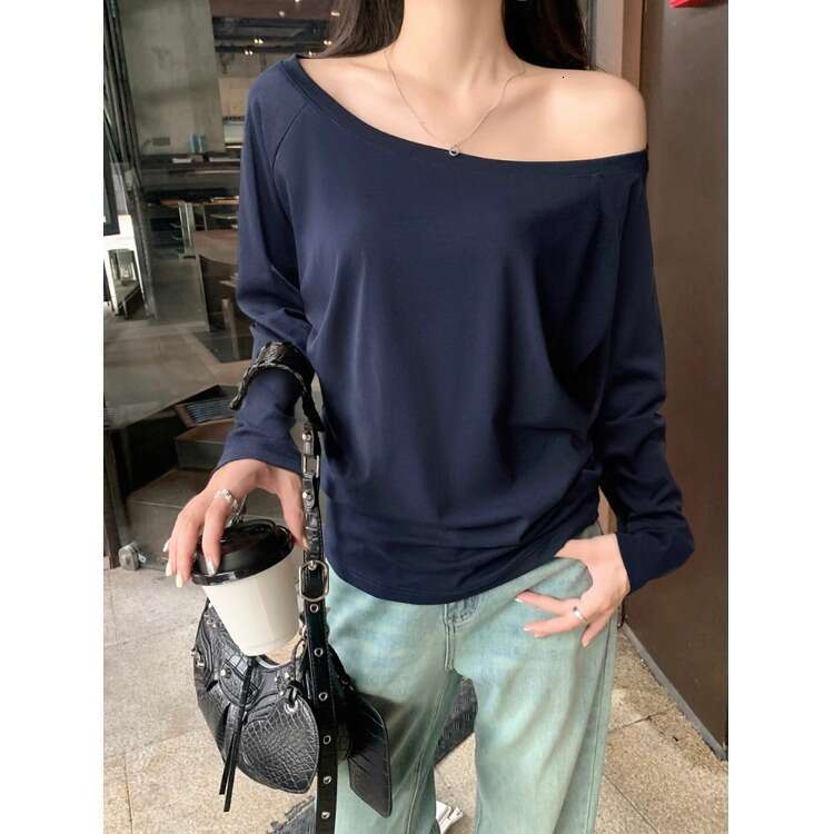 Long Sleeve T-Shirt New Autumn Sexy Off-Shoulder Loose Pure Desire Style Asymmetrical Student Top For Women B5
