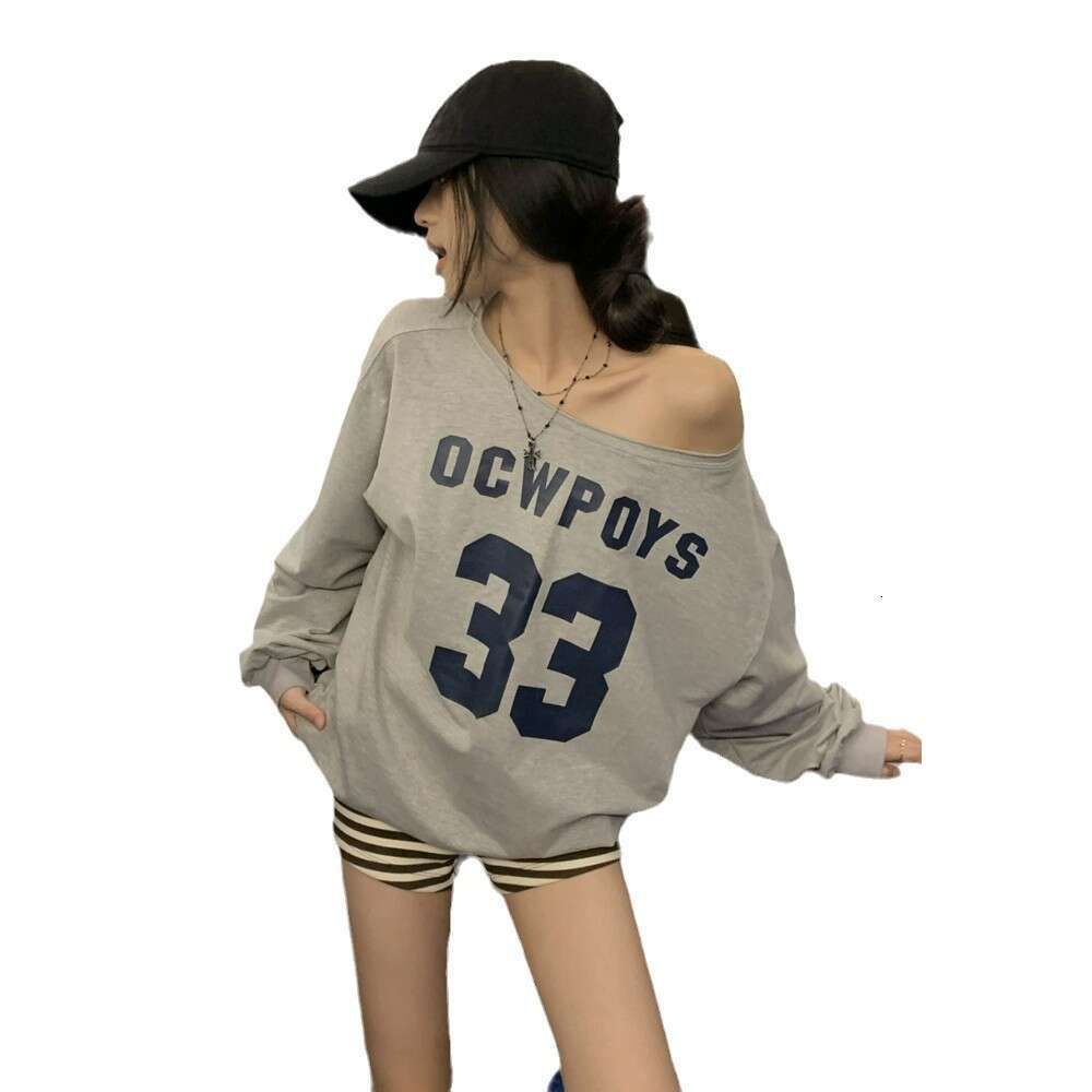 American Style Letter Print Sweatshirt For Women, Autumn Design, Casual Loose Long Sleeve Off-Shoulder Top B5