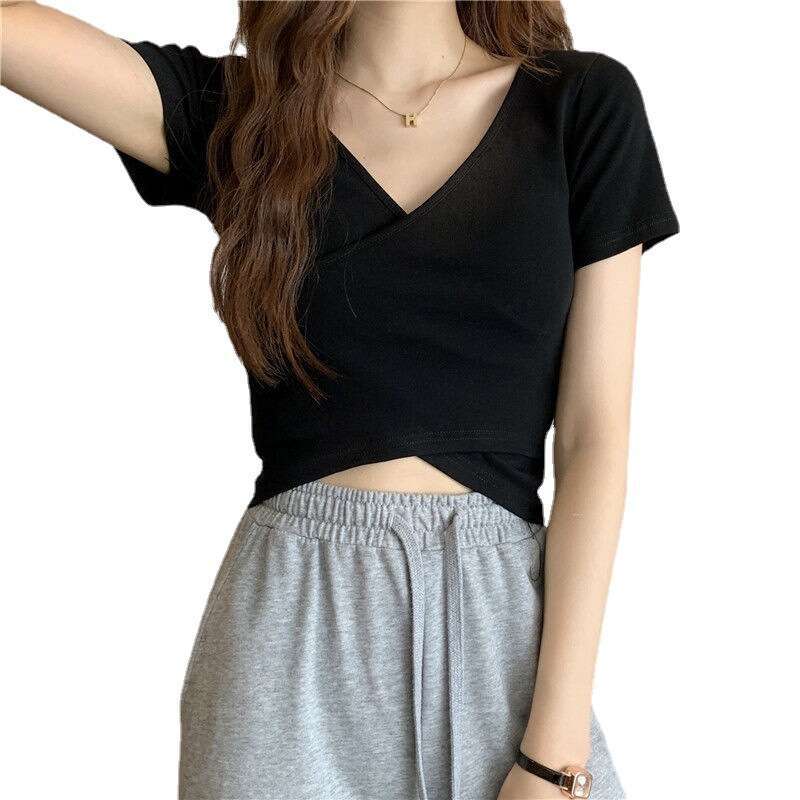 Summer New Design Cross Versatile Slim Fit Sleeve T-Shirt Korean Style Short Solid Color Top For Women B5