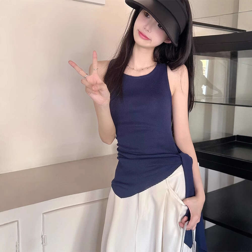 Summer Design Sense Lace-Up Knitted Camisole For Women, Slim Fit Versatile White Tight Student Top B5